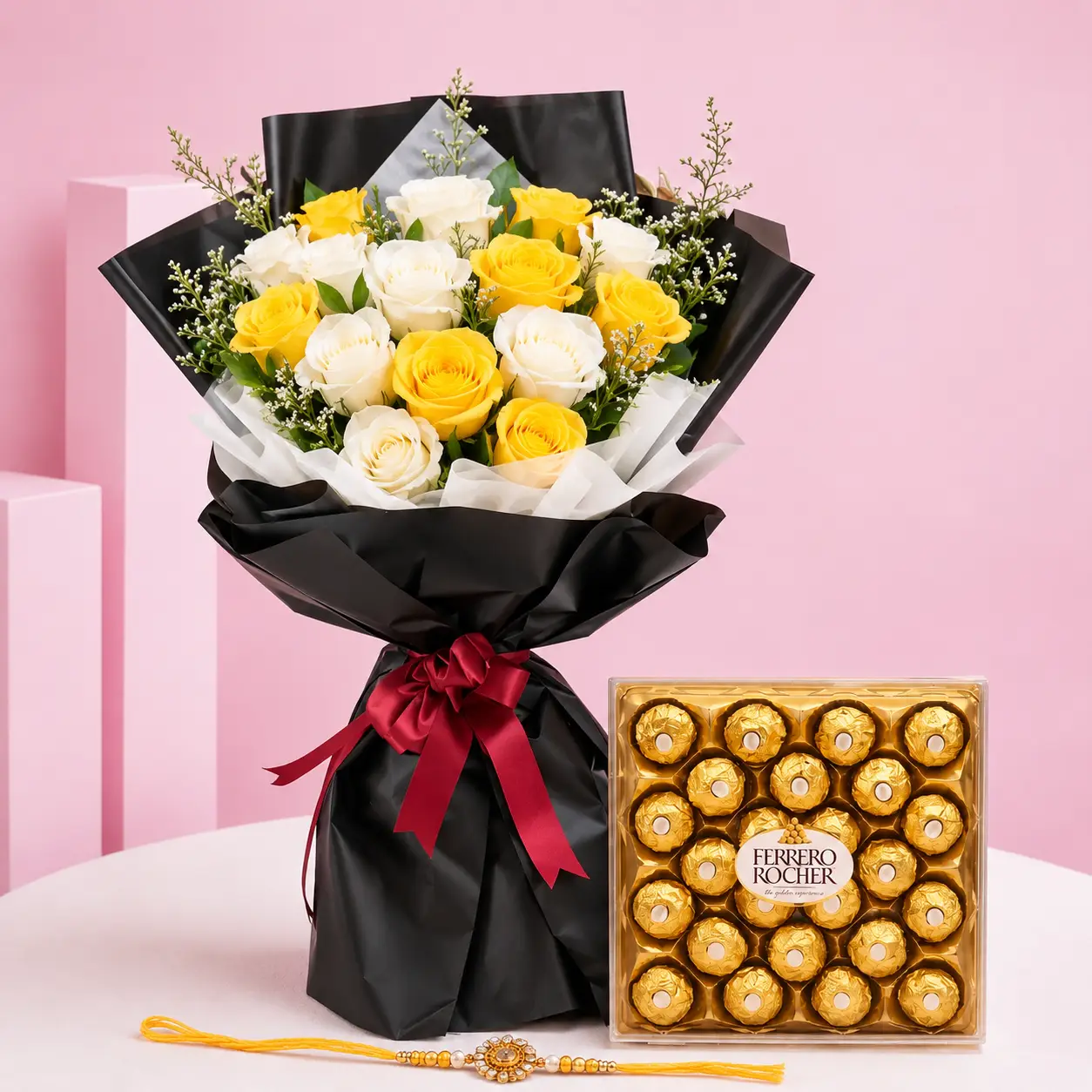 Rakhi Rose Bouquet & Chocolate Gift Hamper
