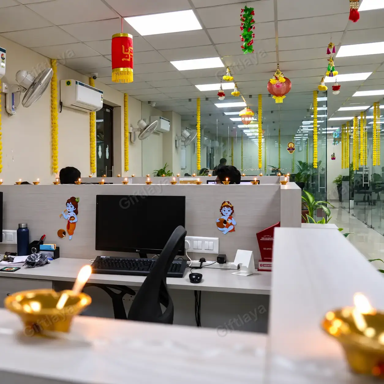 Diwali Diya & Garland Office Decor