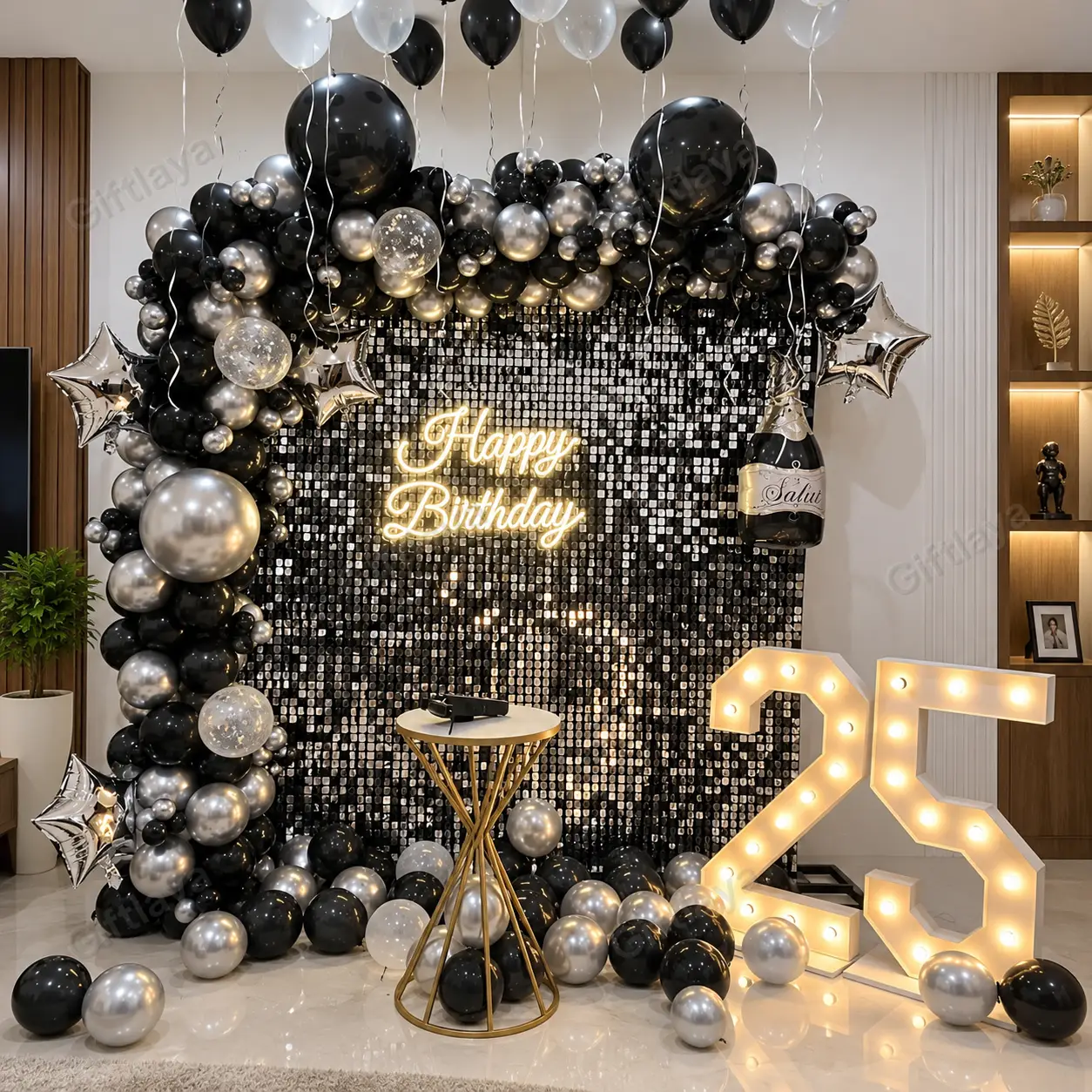 25th Birthday Black Silver Backdrop