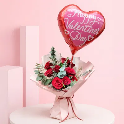 Valentine Rose Bouquet with Heart Balloon