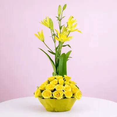 Yellow Lily and Rose Arrangements