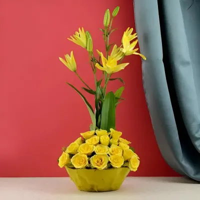 Yellow Lily and Rose Arrangements