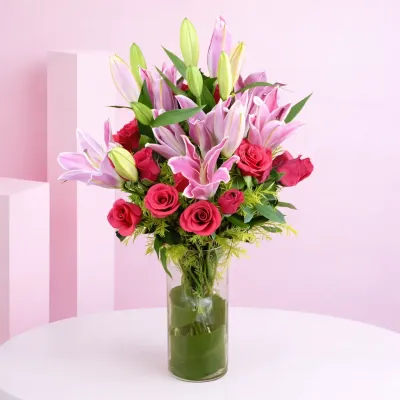 Pink Oriental Lilies n Roses Bunch