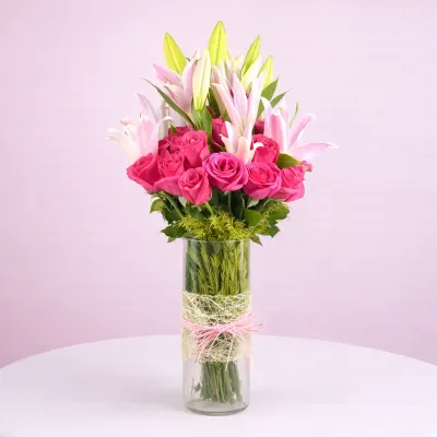Rose Lily Glass Vase Combo
