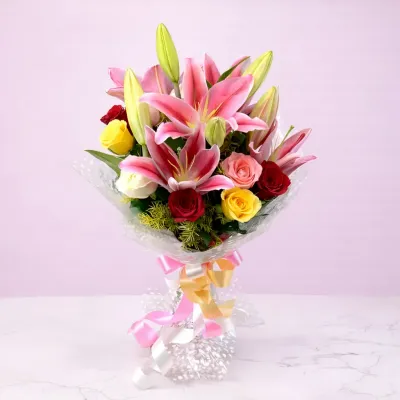Fresh Pink Lilies and Rose Bouquet