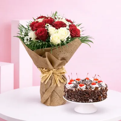 White & Red Rose Blooms with Cake Combo