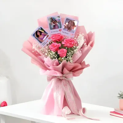 Pink Rose Bouquet with Photo Delivery in Visakhaptnam