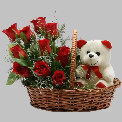 Rose Bouquet Basket with Teddy