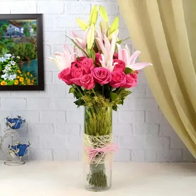 Rose Lily Glass Vase Combo