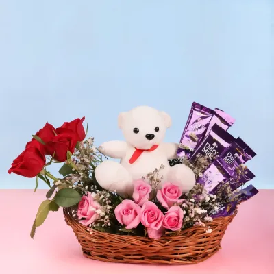 Cute Teddy And Rose Arrangement
