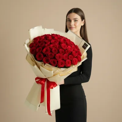 A Girl holding 100 Pcs Red Roses Bouquet 