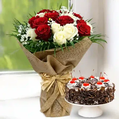 White & Red Rose Blooms with Cake Combo