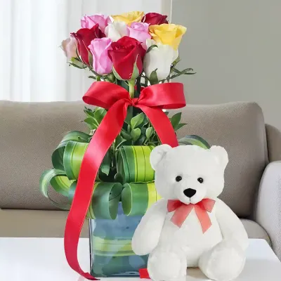 Mixed Rose Vase with Teddy