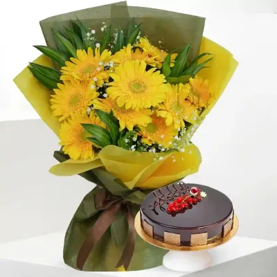 Yellow Gerbera Bunch with Sweet Cake 