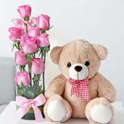Sweet Teddy Love with Pink Roses
