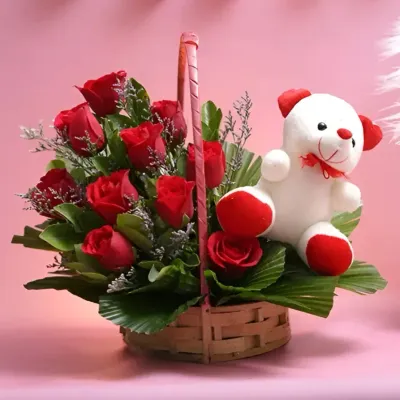 Rose Bouquet Basket with Teddy