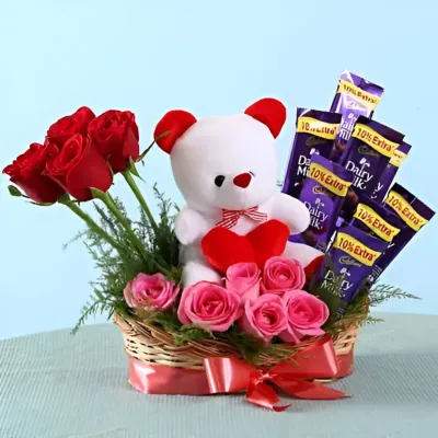 Cute Teddy And Rose Arrangement