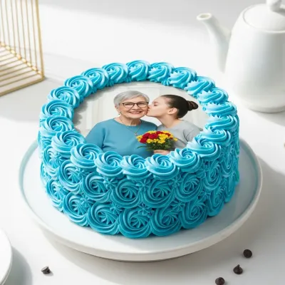Blue Rosette Photo Cake for Mom