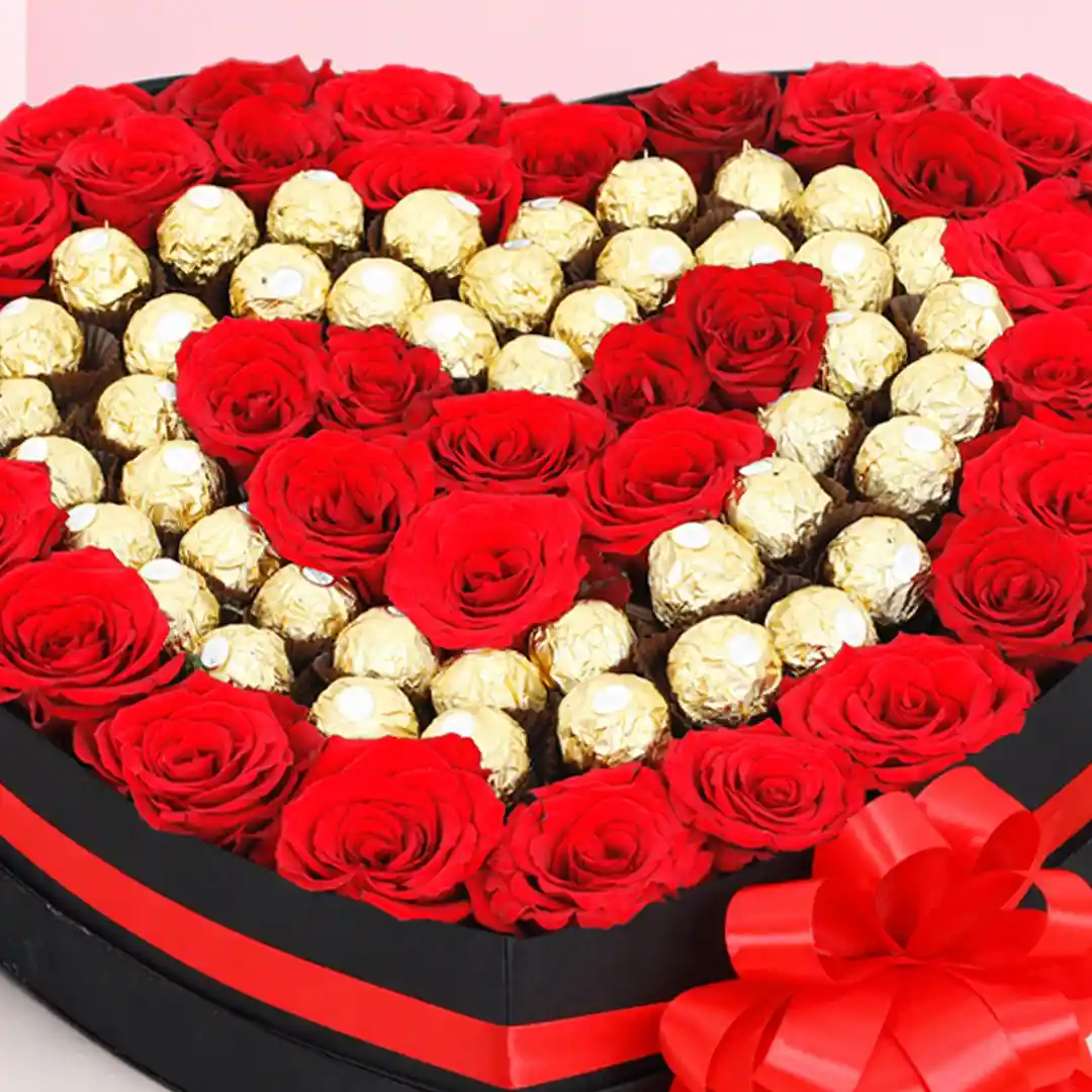 Heart Box Red Roses with Ferrero Rocher Chocolates
