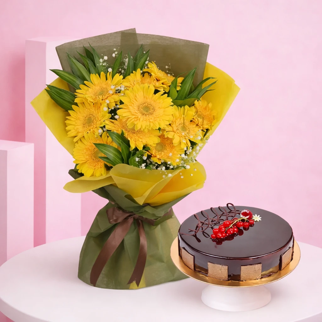 Yellow Gerbera Bunch with Sweet Cake