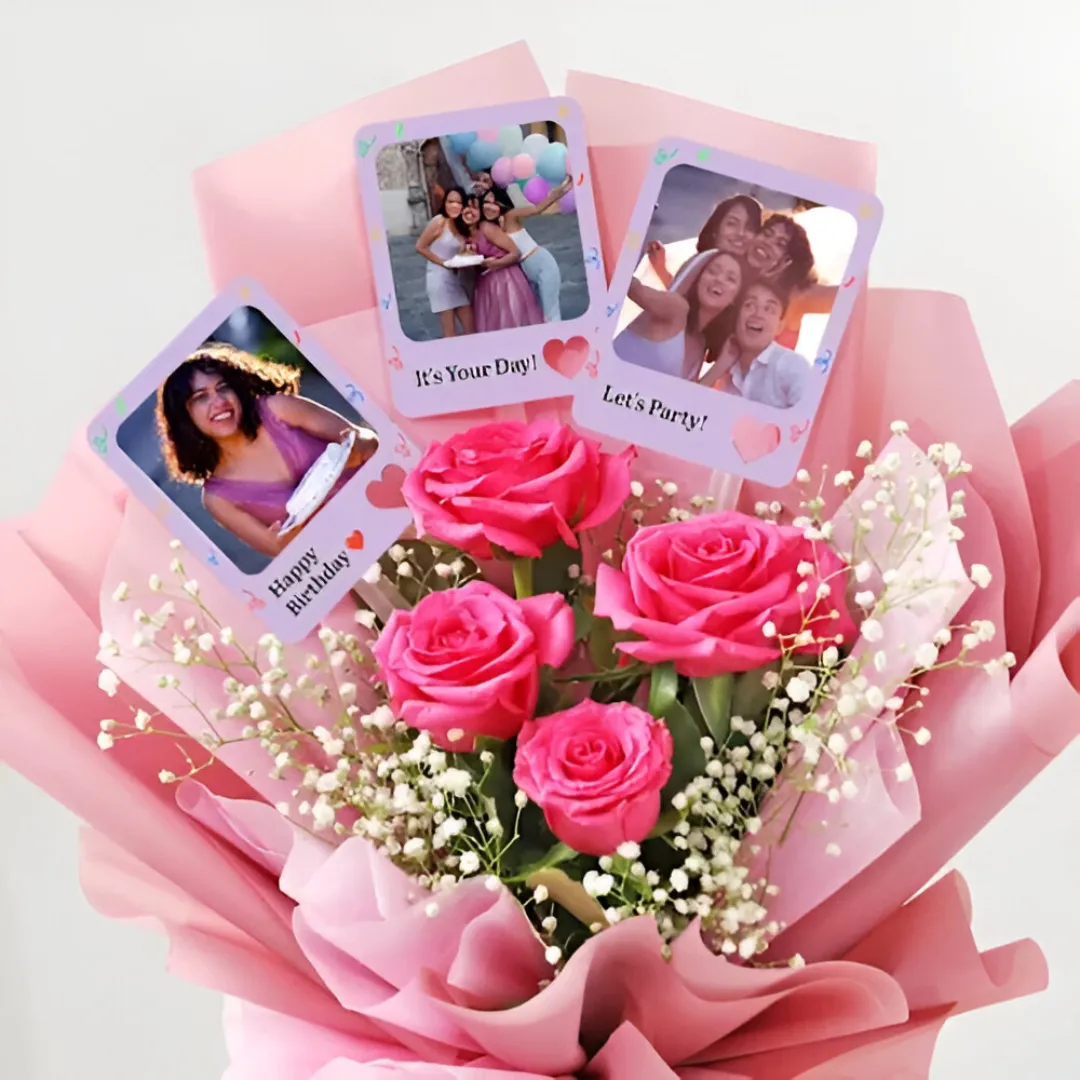 Pink Rose Bouquet with Photo Delivery in Gurgoan