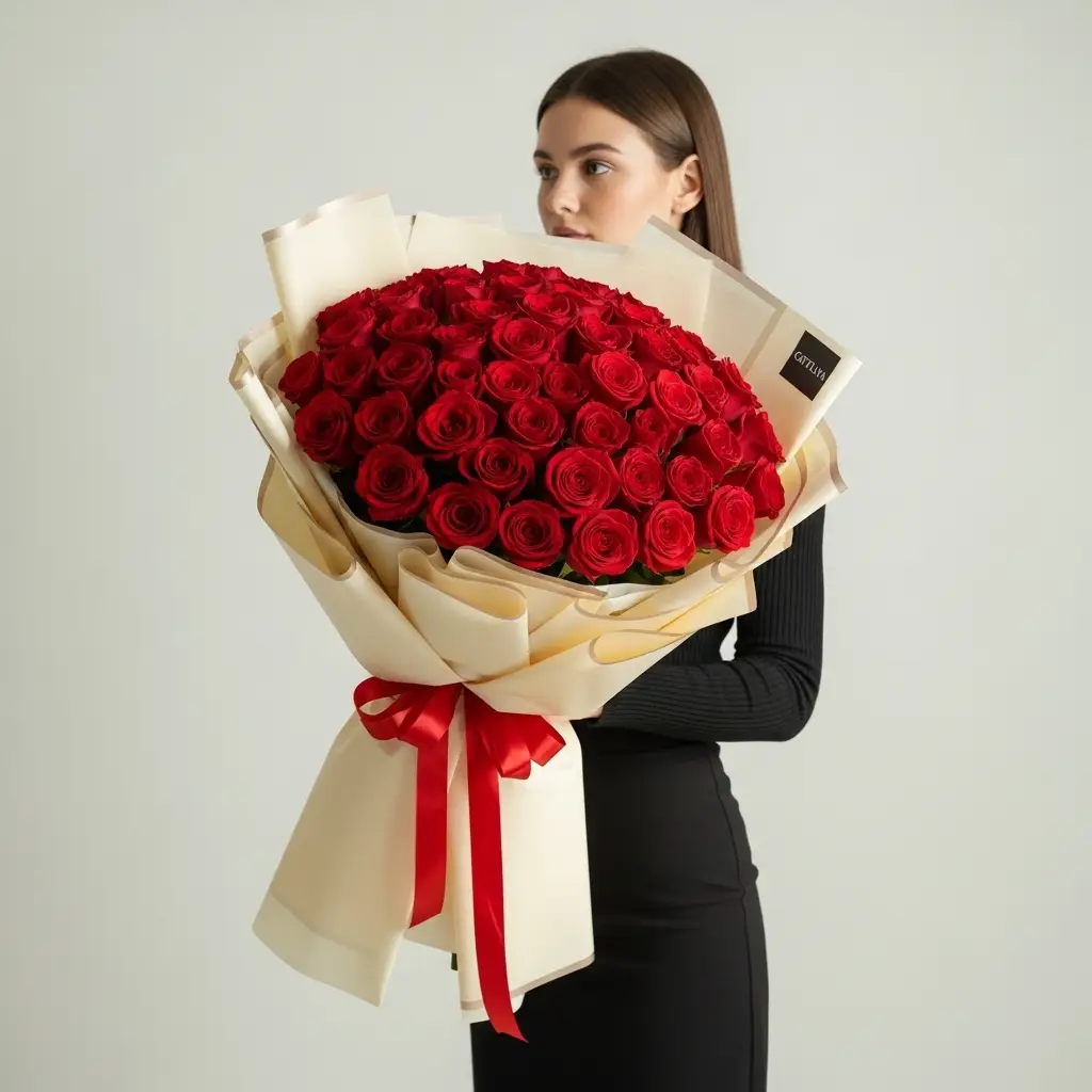 A Girl holding 100 Pcs Red Roses Bouquet 