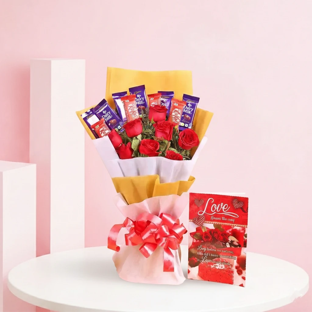 Elegant Red Roses with Chocolates & Card
