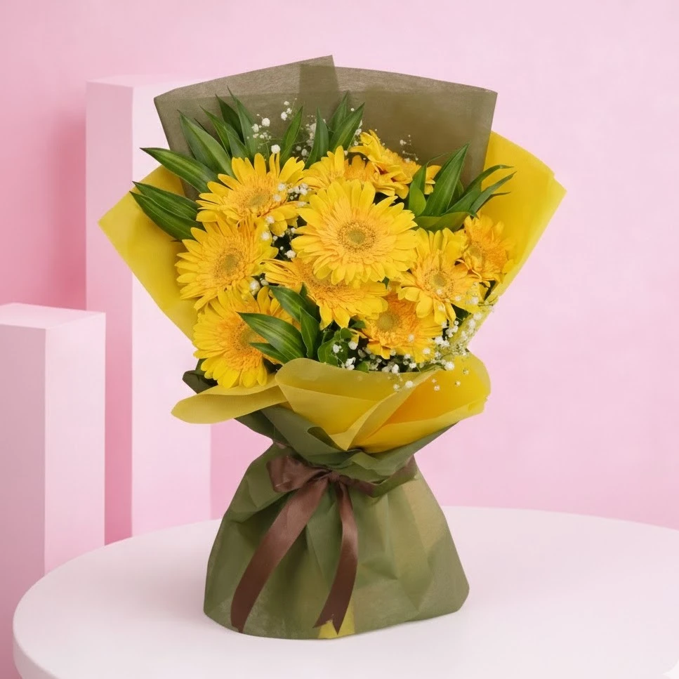 Yellow Gerbera Bunch with Sweet Cake
