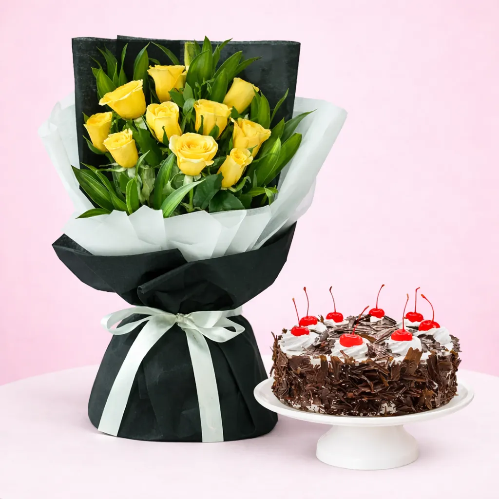 Yellow Roses with Cake