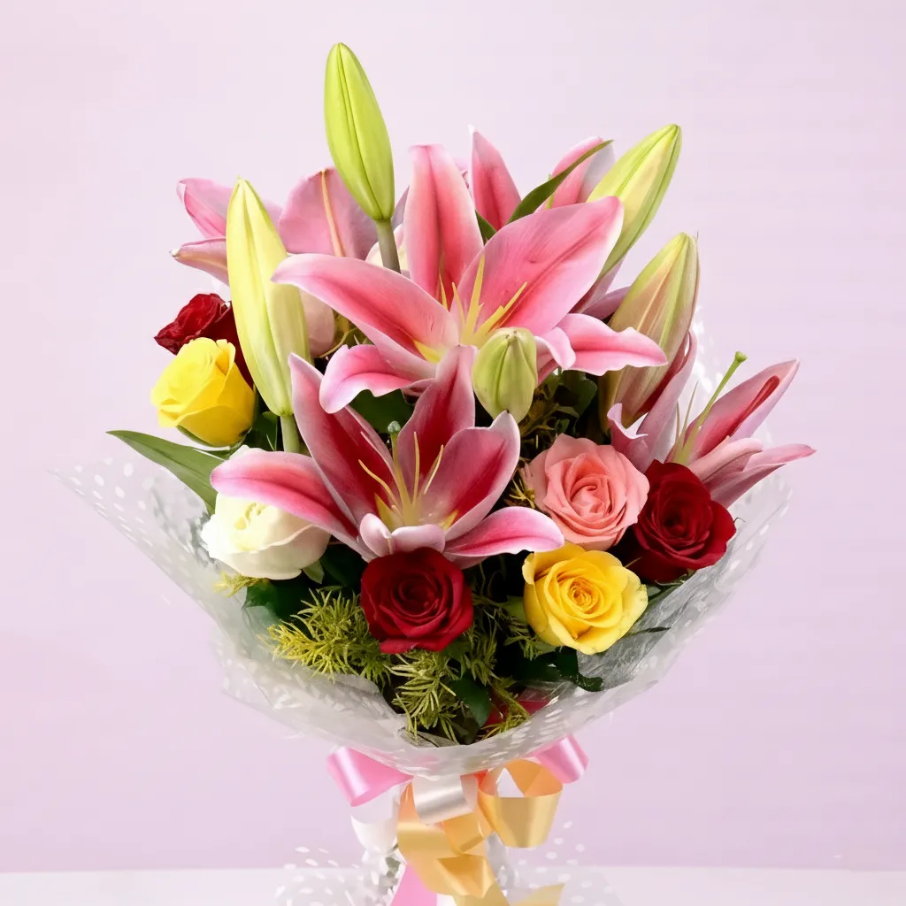 Fresh Pink Lilies and Rose Bouquet