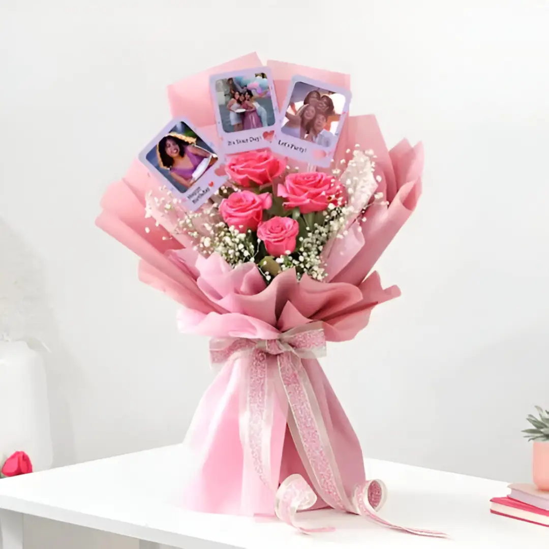 Pink Rose Bouquet with Photo Delivery in Visakhaptnam