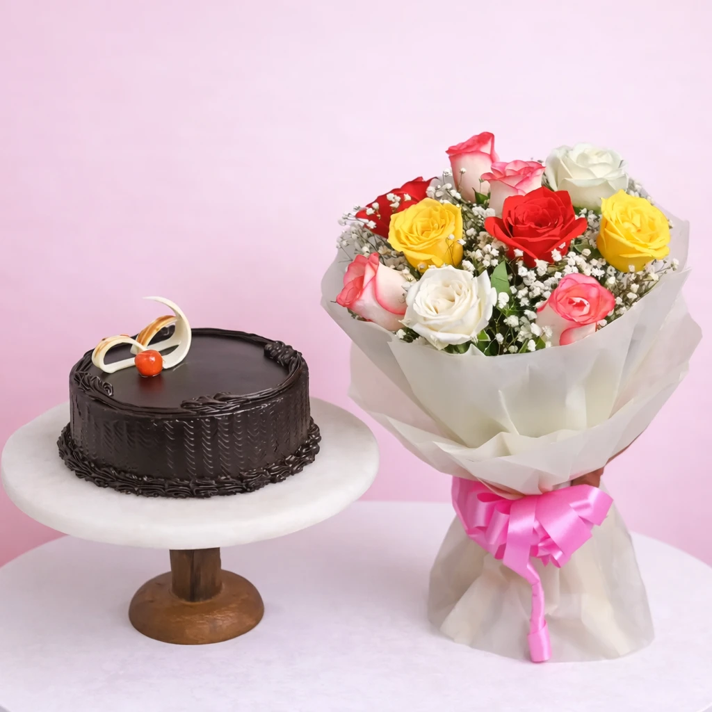 Mixed Flowers with Truffle Cake