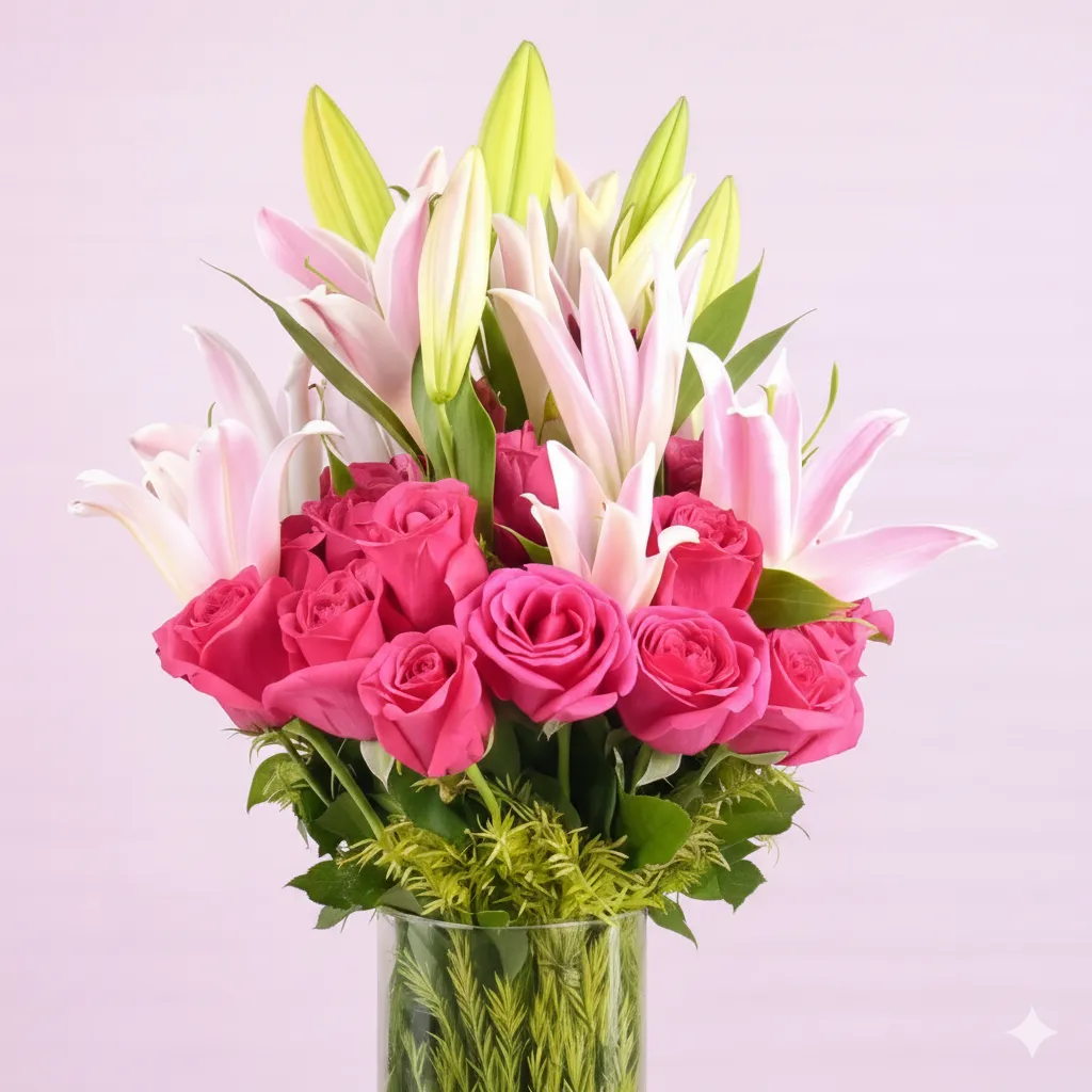 Rose Lily Glass Vase Combo