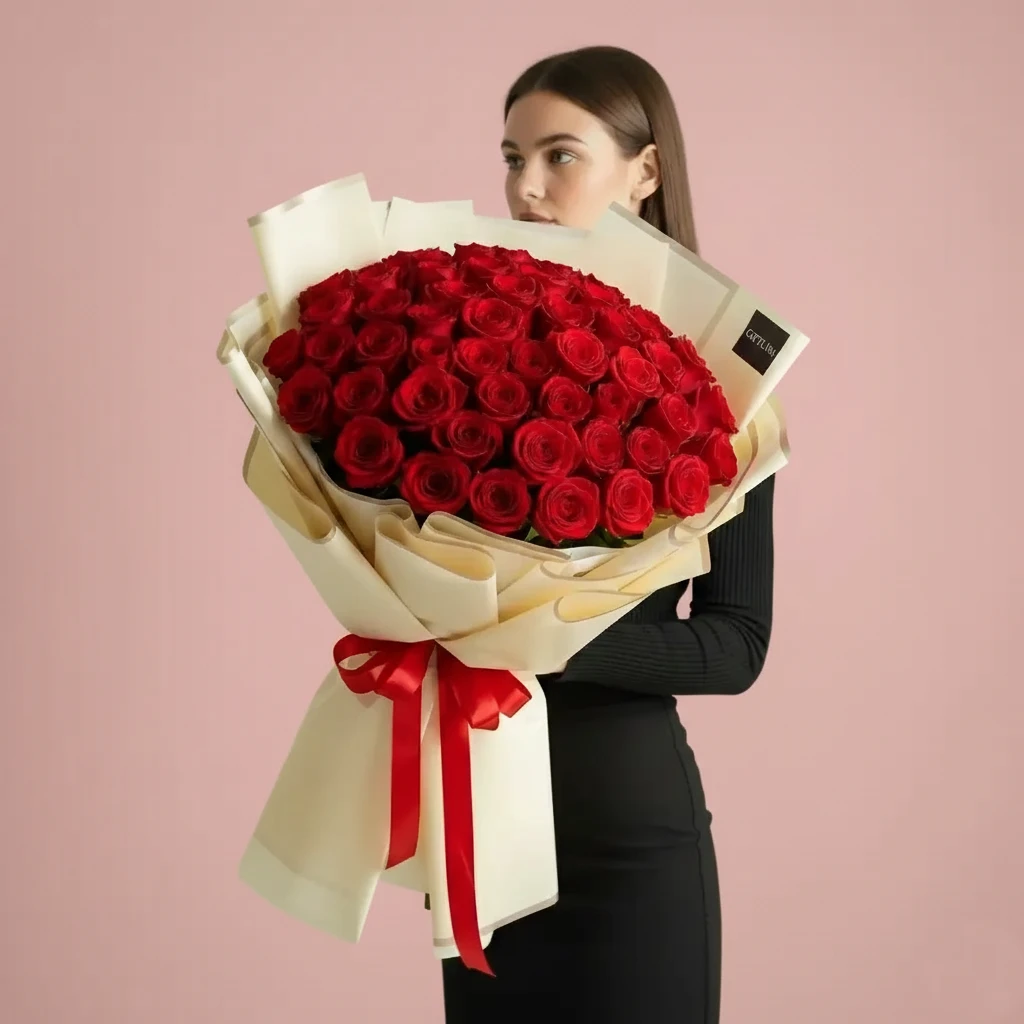 100 Pc Red Rose Flowers Bouquet