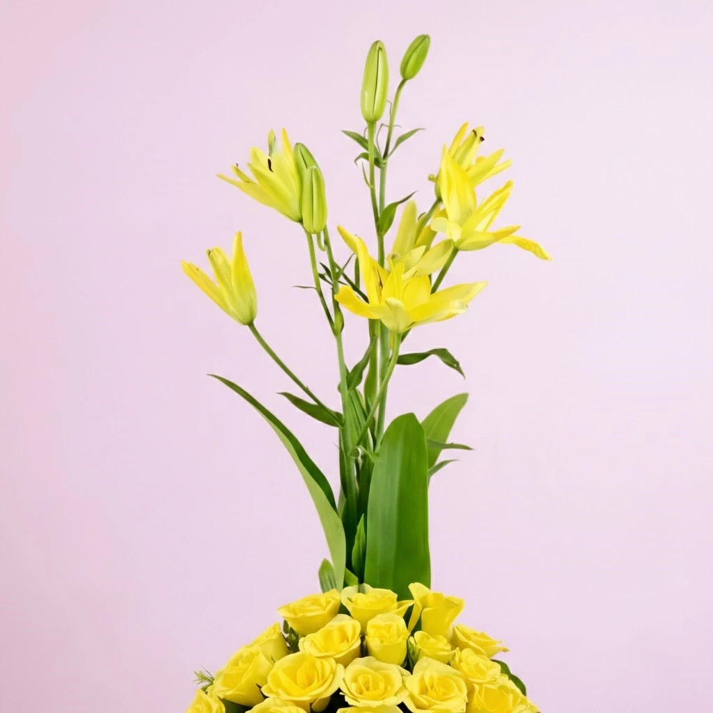 Yellow Lily and Rose Arrangements