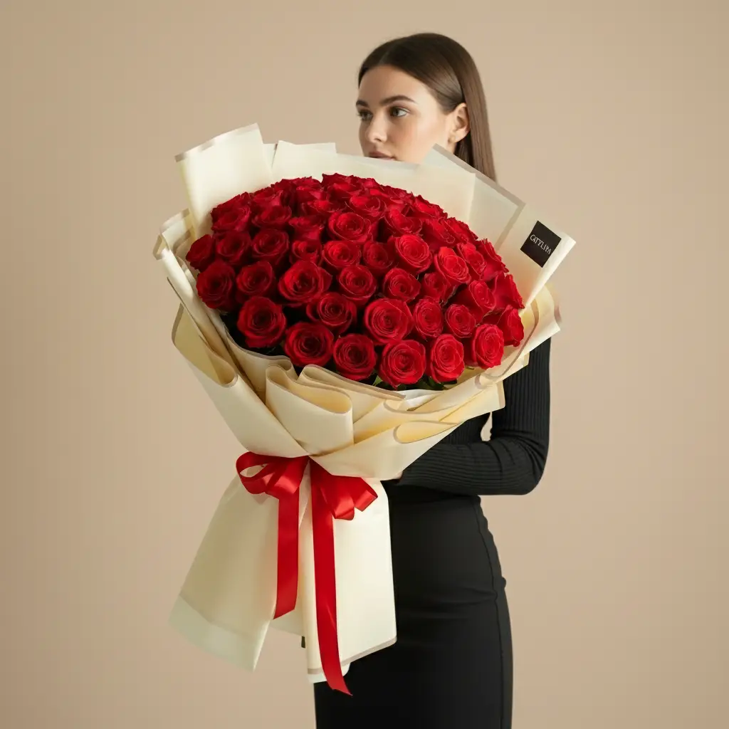 A Girl holding 100 Pcs Red Roses Bouquet 