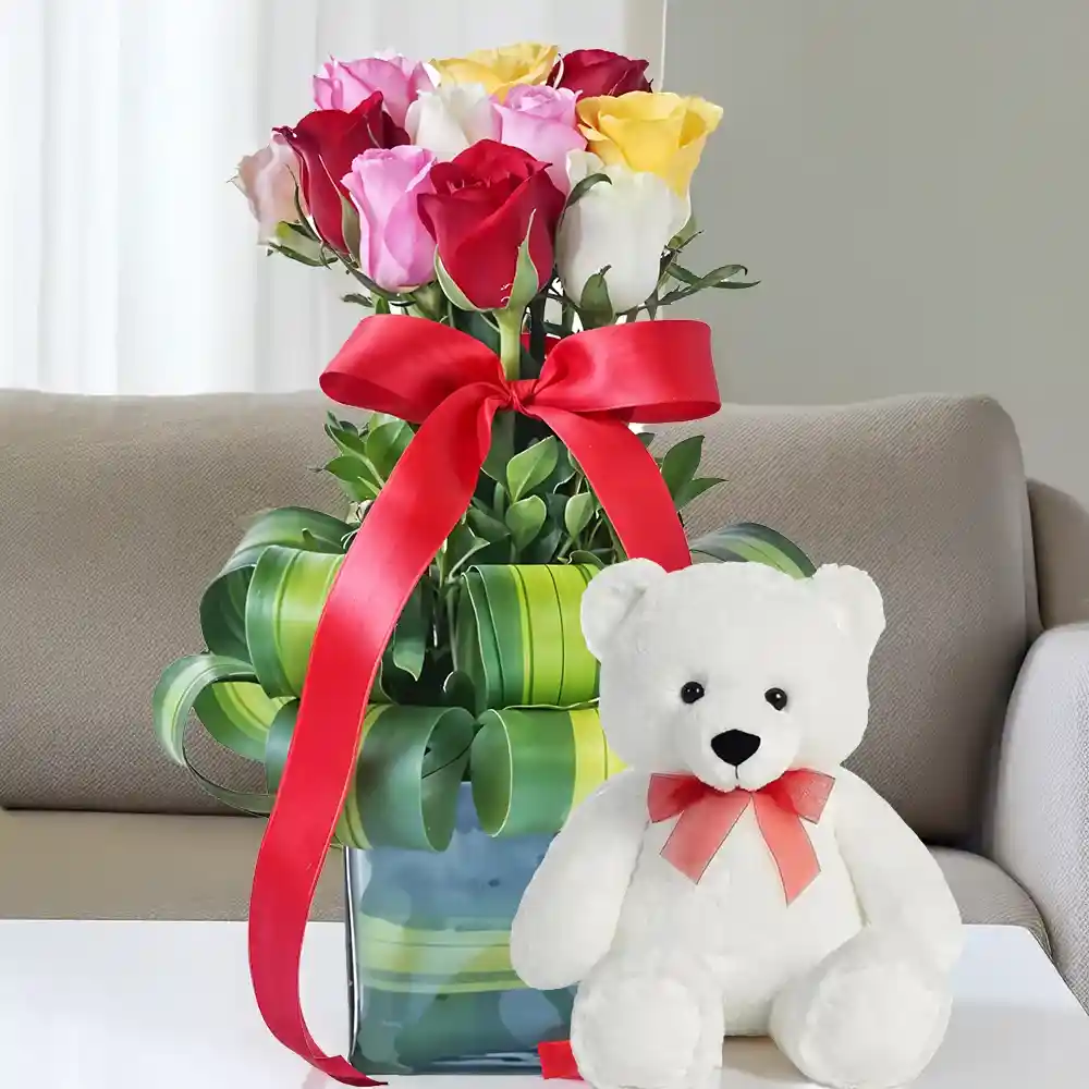 Mixed Rose Vase with Teddy