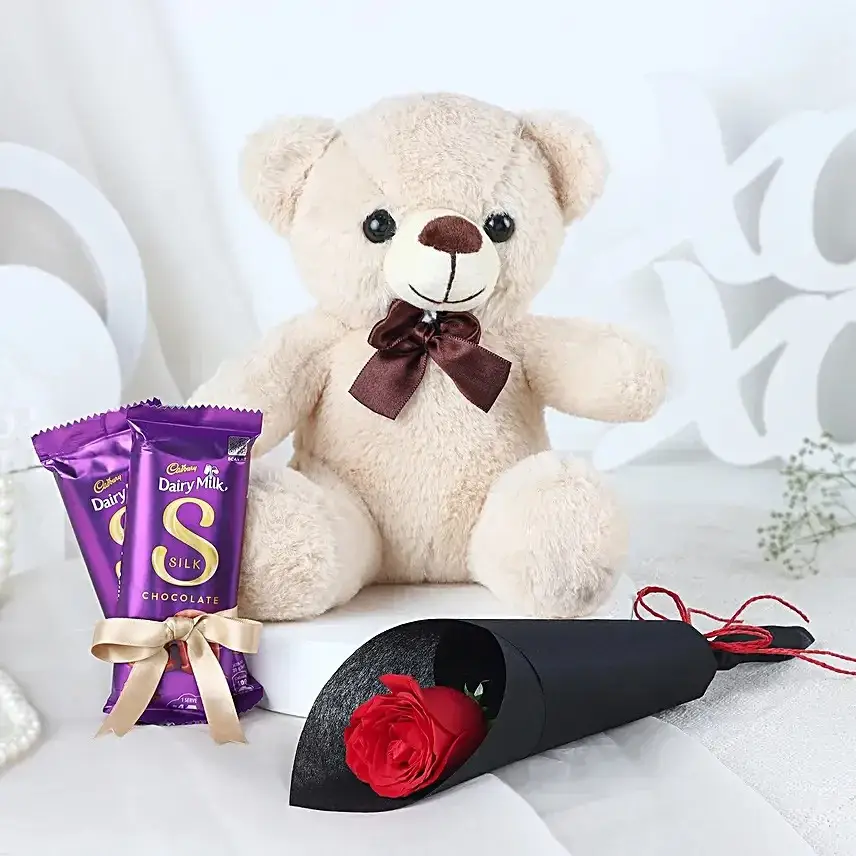 Single Rose & Teddy Chocolate Combo
