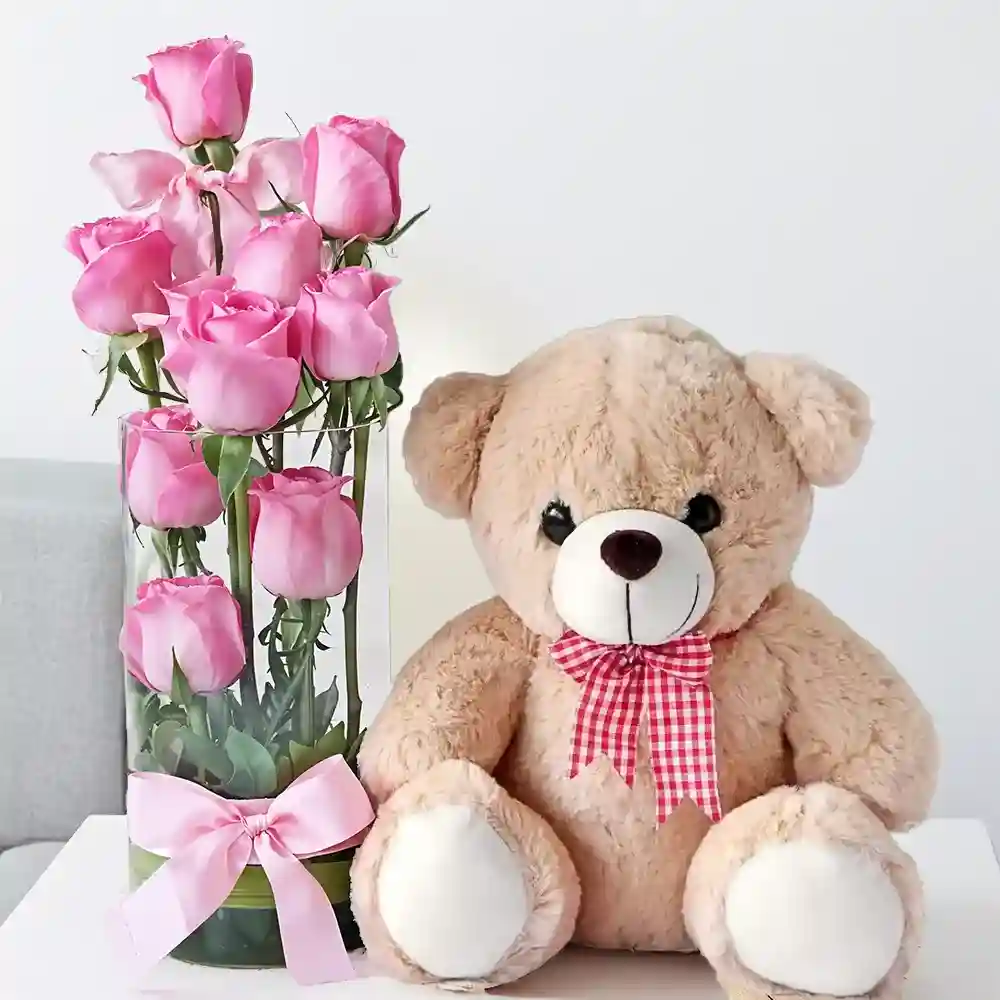 Sweet Teddy Love with Pink Roses