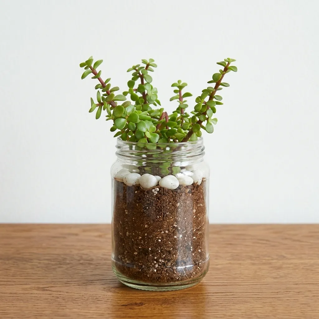 Jade Plant in Jar with Soil & Pebbles